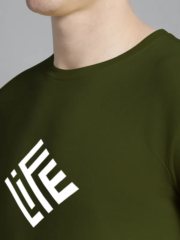 Olive_Green_Cotton_Life_Print_Round_Neck_T-Shirt_For_Men