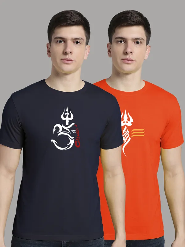 Pack_of_2_Navy_Blue_&_Orange_Cotton_Rib_Trimmed_Neckline_Printed_T-Shirt_For_Men