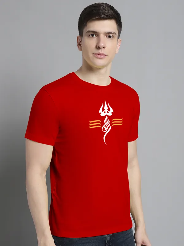 Red_Cotton_Trishul_Print_Round_Neck_T-Shirt_For_Men