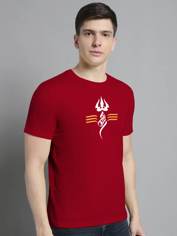 Maroon_Cotton_Trishul_Print_Round_Neck_T-Shirt_For_Men
