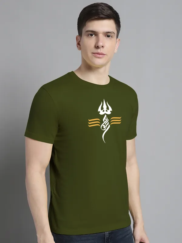 Olive_Green_Cotton_Trishul_Print_Round_Neck_T-Shirt_For_Men