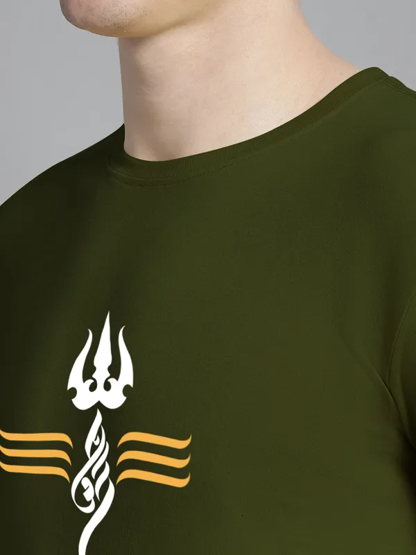 Olive_Green_Cotton_Trishul_Print_Round_Neck_T-Shirt_For_Men