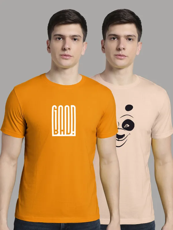 Pack_of_2_Mustard_&_Coral_Cotton_Rib_Trimmed_Neckline_Printed_T-Shirt_For_Men