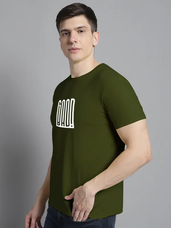 Olive_Green_Cotton_Good_Bad_Print_Round_Neck_T-Shirt_For_Men