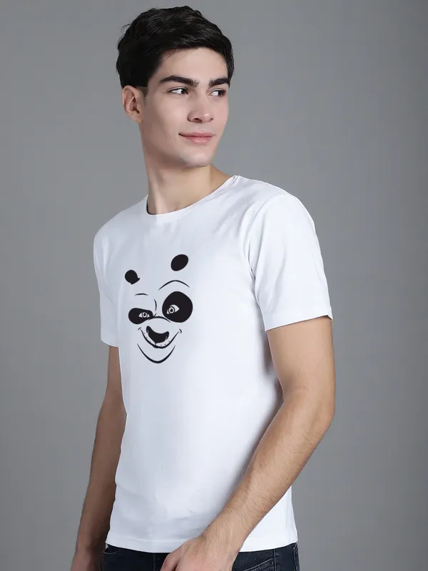 White_Cotton_Panda_Print_Round_Neck_T-Shirt_For_Men