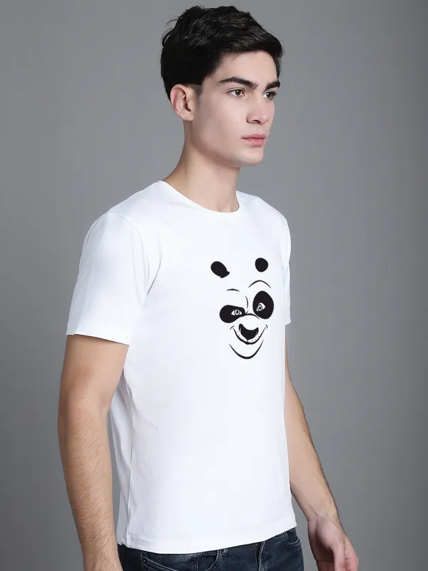 White_Cotton_Panda_Print_Round_Neck_T-Shirt_For_Men