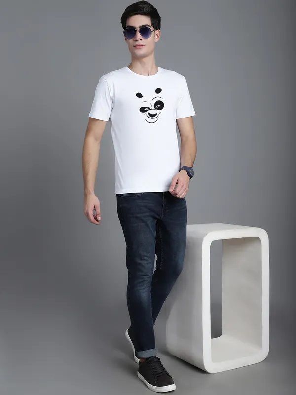 White_Cotton_Panda_Print_Round_Neck_T-Shirt_For_Men
