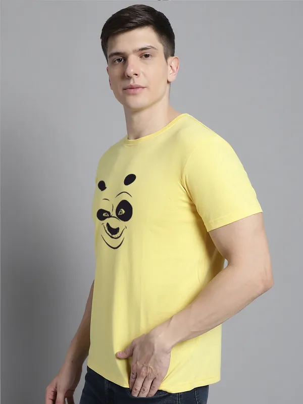 Yellow_Cotton_Panda_Print_Round_Neck_T-Shirt_For_Men