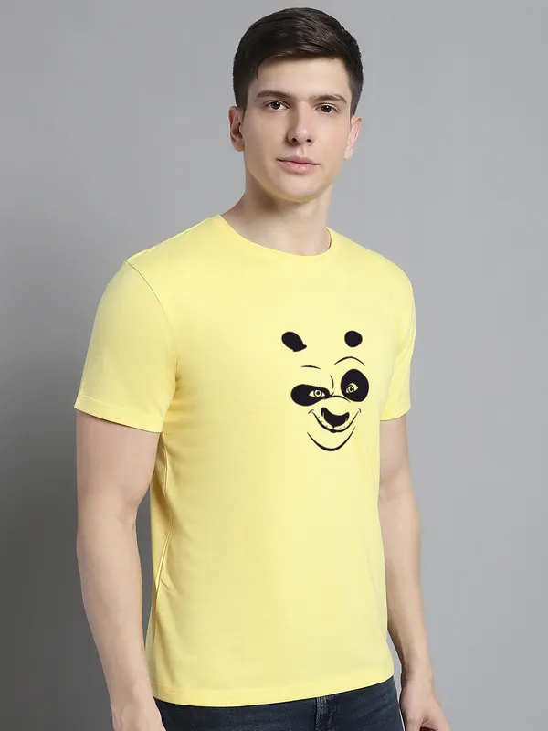 Yellow_Cotton_Panda_Print_Round_Neck_T-Shirt_For_Men