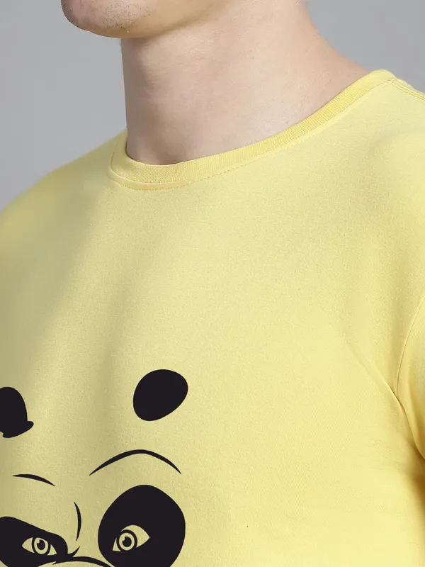 Yellow_Cotton_Panda_Print_Round_Neck_T-Shirt_For_Men