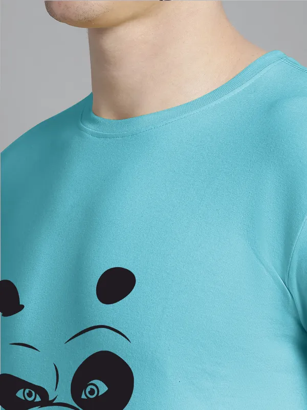 Turquoise_Blue_Cotton_Panda_Print_Round_Neck_T-Shirt_For_Men