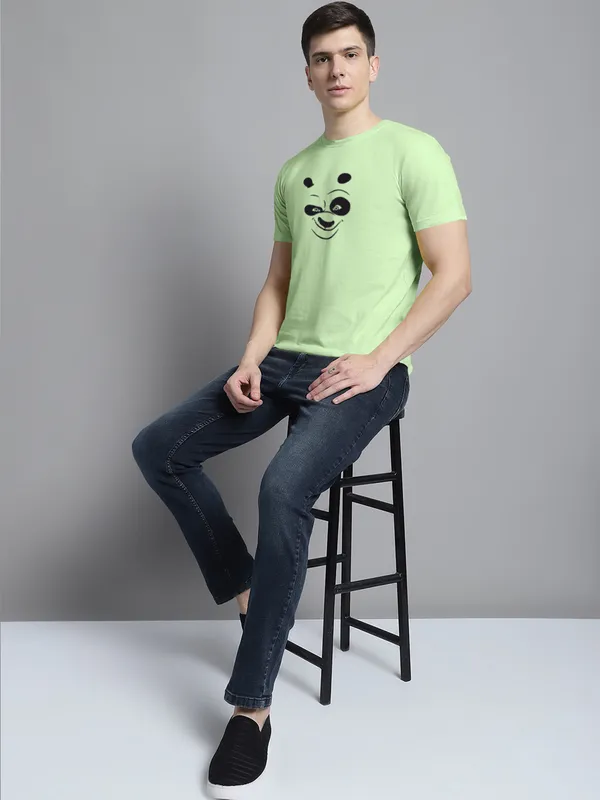 Sea_Green_Cotton_Panda_Print_Round_Neck_T-Shirt_For_Men
