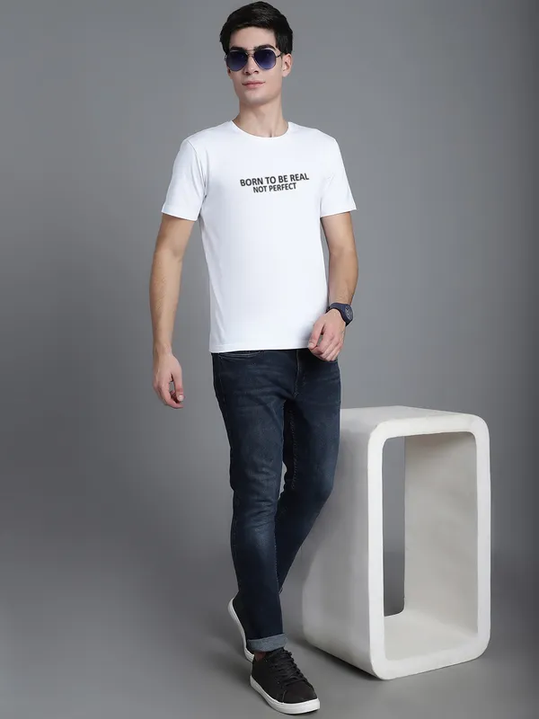 White_Cotton_Born_To_Be_Real_Print_Round_Neck_T-Shirt_For_Men