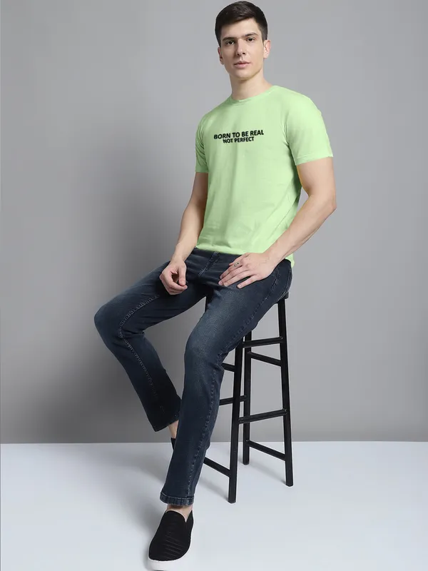 Sea_Green_Cotton_Born_To_Be_Real_Print_Round_Neck_T-Shirt_For_Men