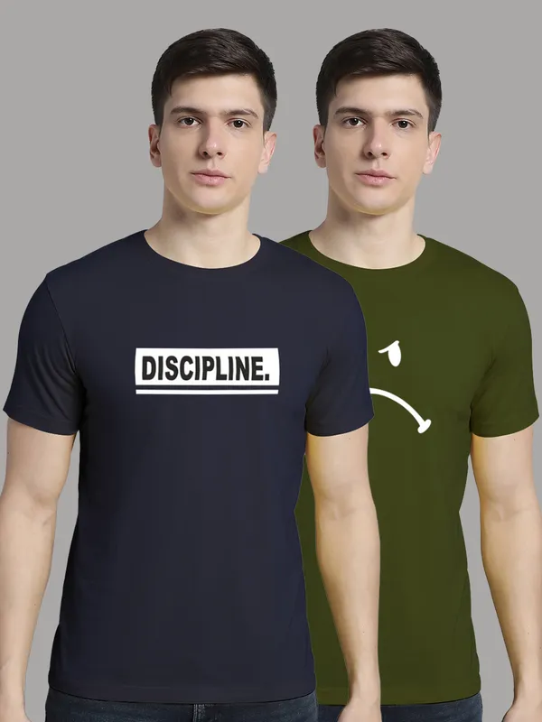 Pack_of_2_Navy_Blue_&_Olive_Green_Cotton_Rib_Trimmed_Neckline_Printed_T-Shirt_For_Men