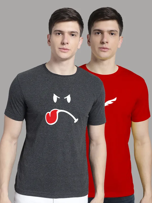 Pack_of_2_Dark_Grey_&_Red_Cotton_Rib_Trimmed_Neckline_Printed_T-Shirt_For_Men