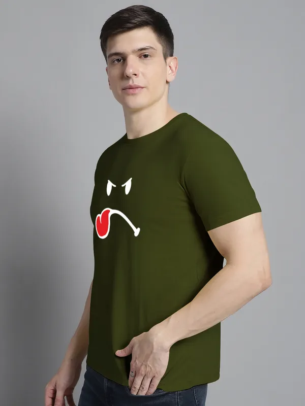 Olive_Green_Cotton_Imoji_Print_Round_Neck_T-Shirt_For_Men