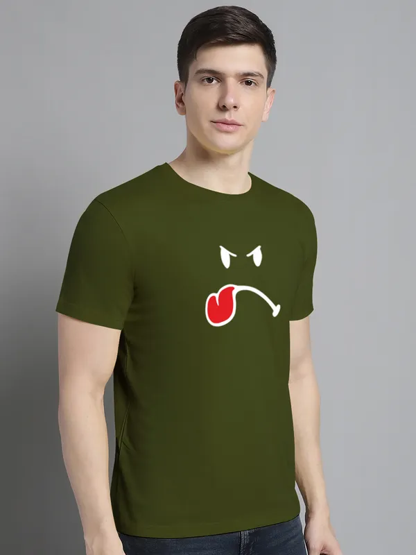 Olive_Green_Cotton_Imoji_Print_Round_Neck_T-Shirt_For_Men