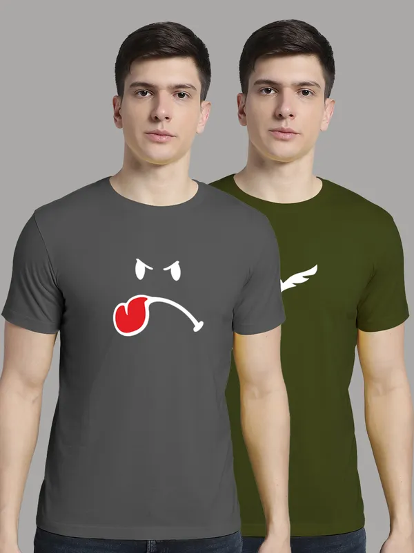 Pack_of_2_Solid_Grey_&_Olive_Green_Cotton_Rib_Trimmed_Neckline_Printed_T-Shirt_For_Men