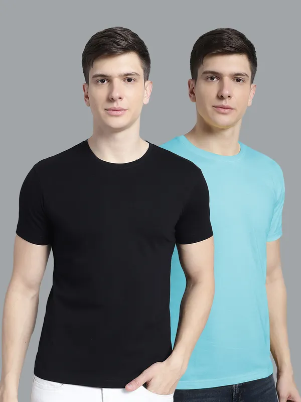 Pack_of_2_Black_&_Turquoise_Blue_Cotton_Round_Neck_T-Shirt_For_Men