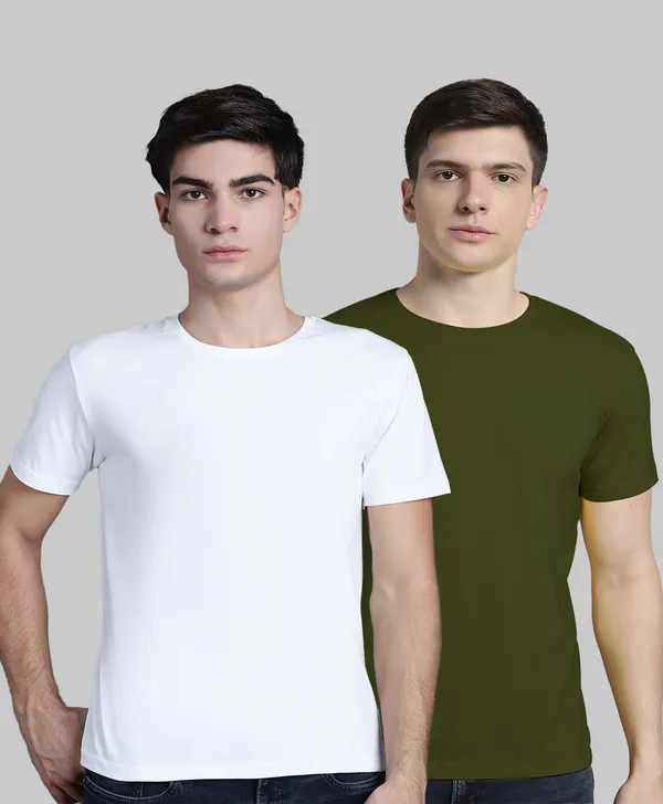 Pack_of_2_White_&_Olive_Green_Cotton_Round_Neck_T-Shirt_For_Men