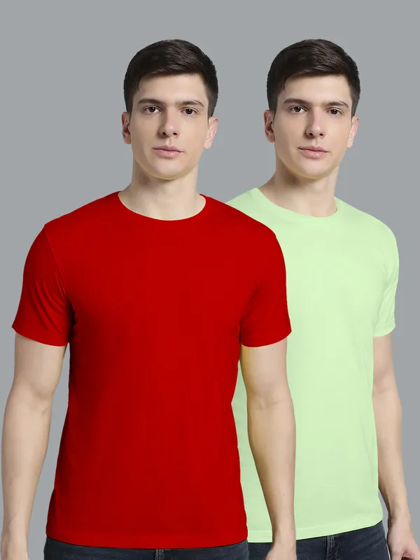 Pack_of_2_Red_&_Sea_Green_Cotton_Round_Neck_T-Shirt_For_Men