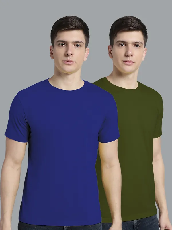Pack_of_2_Blue_&_Olive_Green_Cotton_Round_Neck_T-Shirt_For_Men