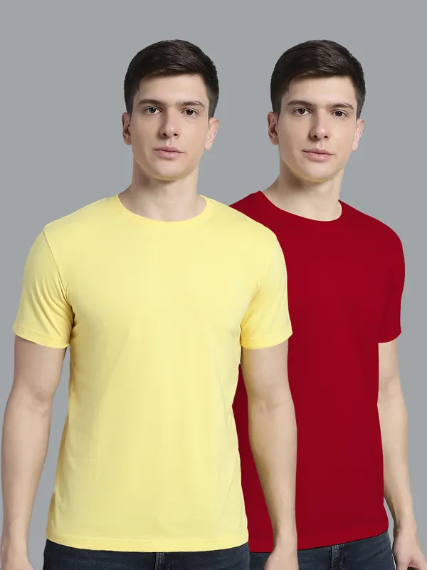 Pack_of_2_Yellow_&_Maroon_Cotton_Round_Neck_T-Shirt_For_Men
