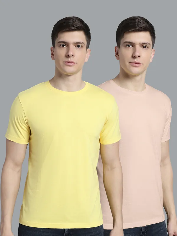 Pack_of_2_Yellow_&_Coral_Cotton_Round_Neck_T-Shirt_For_Men