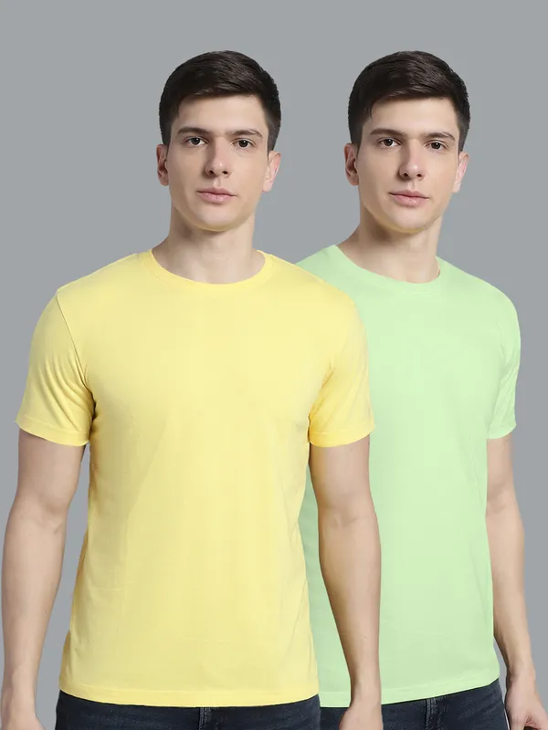Pack_of_2_Yellow_&_Sea_Green_Cotton_Round_Neck_T-Shirt_For_Men