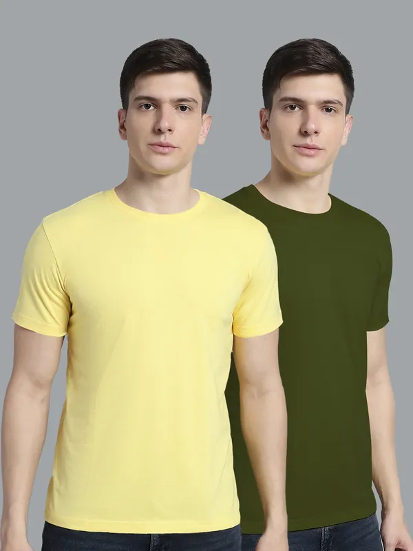 Pack_of_2_Yellow_&_Olive_Green_Cotton_Round_Neck_T-Shirt_For_Men