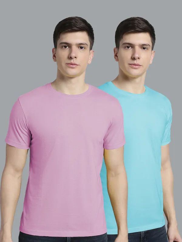 Pack_of_2_Purple_&_Turquoise_Blue_Cotton_Round_Neck_T-Shirt_For_Men