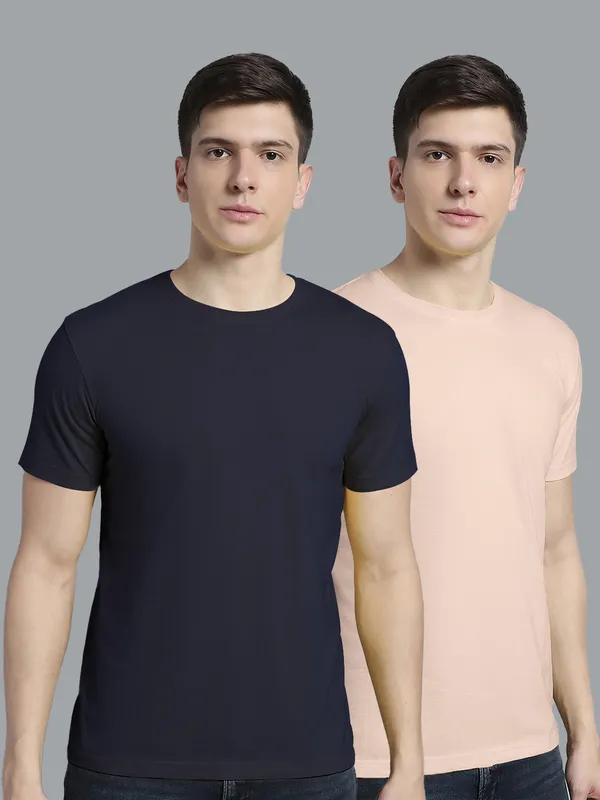 Pack_of_2_Navy_Blue_&_Coral_Cotton_Round_Neck_T-Shirt_For_Men