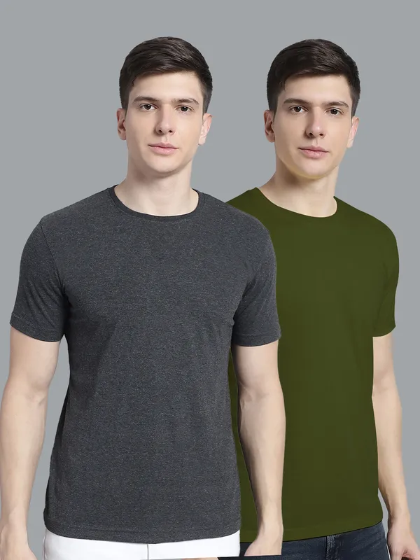Pack_of_2_Grey_&_Olive_Green_Cotton_Round_Neck_T-Shirt_For_Men