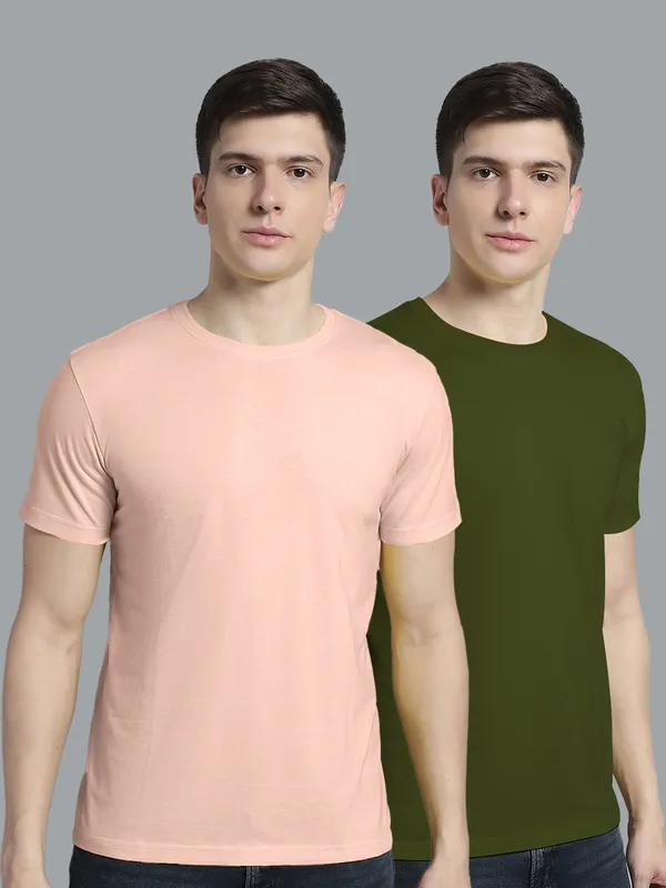 Pack_of_2_Coral_&_Olive_Green_Cotton_Round_Neck_T-Shirt_For_Men
