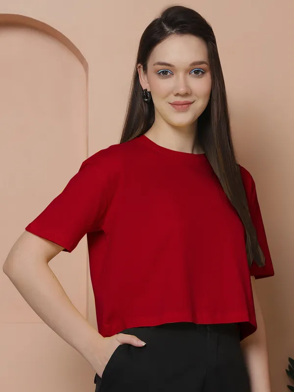 Women_Red_Oversized_Cotton_Tshirt