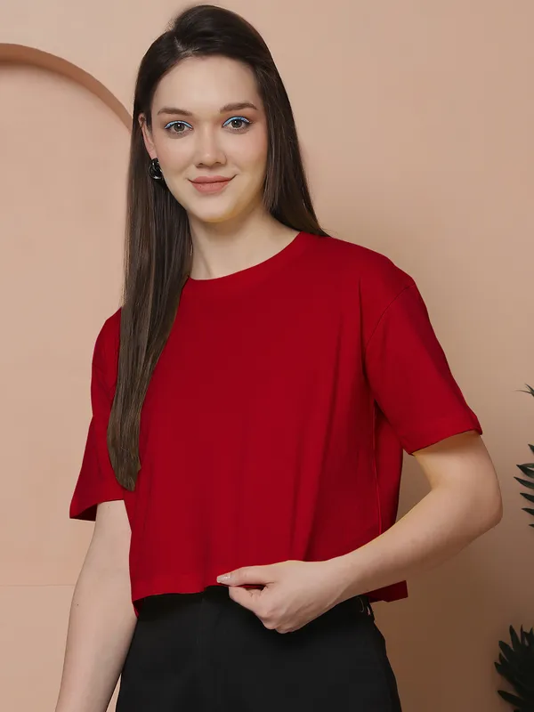 Women_Red_Oversized_Cotton_Tshirt