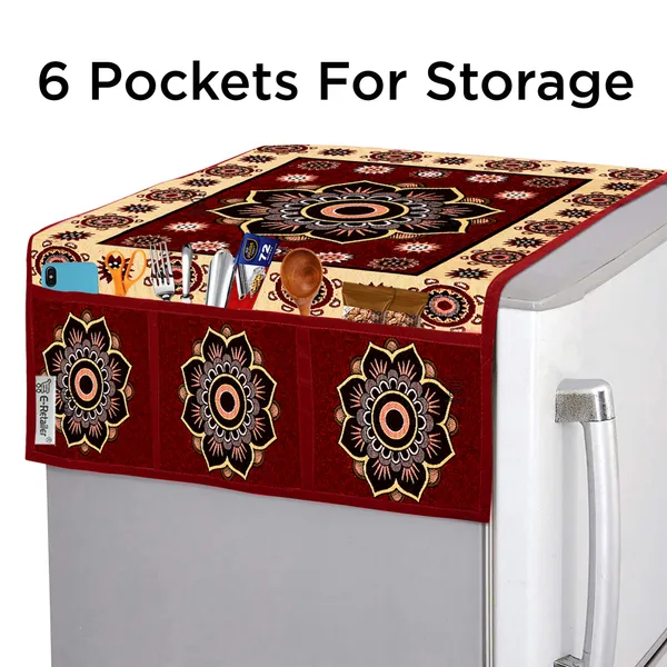 Refrigerator/Fridge_Top_Cover_With_6_Utility_Pockets_(Material-Jacquard,_Color-Maroon,_Size-39x21_Inches)