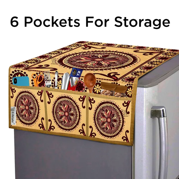Refrigerator/Fridge_Top_Cover_With_6_Utility_Pockets_(Material-Jacquard,_Color-Golden,_Size-39x21_Inches)