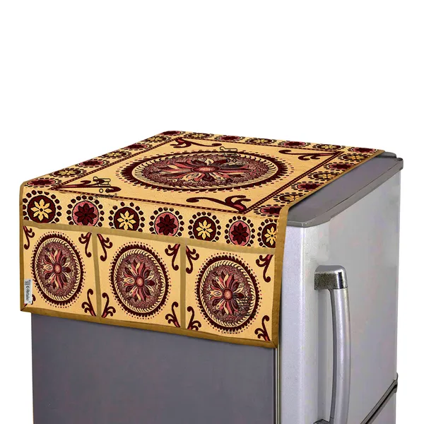 Refrigerator/Fridge_Top_Cover_With_6_Utility_Pockets_(Material-Jacquard,_Color-Golden,_Size-39x21_Inches)
