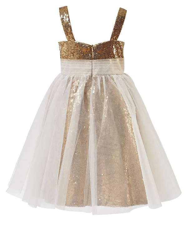 White_Golden_Polyester_Blend_Sequined_Square_Neck_Dress_For_Girls