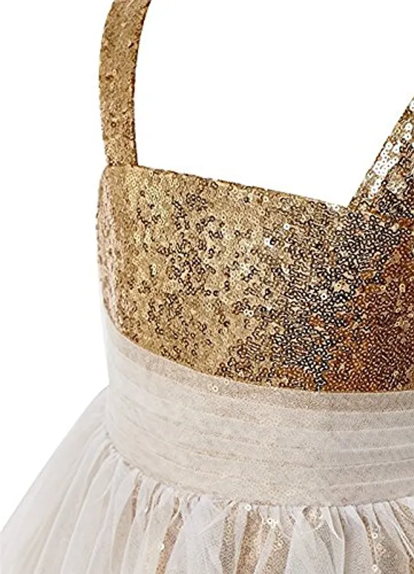 White_Golden_Polyester_Blend_Sequined_Square_Neck_Dress_For_Girls