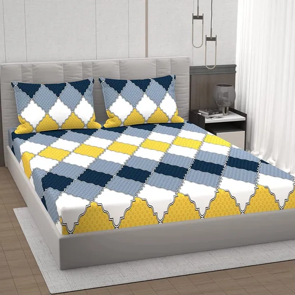 220TC_Yellow_Blue_Check_King_Size_Double_Bed_Elastic_Fitted_100%_Cotton_Bedsheet_with_2_Pillow_Cover_(72"x78"_Upto_6"_Mattress)