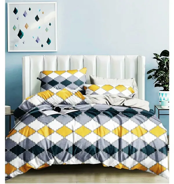 220TC_Yellow_Blue_Check_King_Size_Double_Bed_Elastic_Fitted_100%_Cotton_Bedsheet_with_2_Pillow_Cover_(72"x78"_Upto_6"_Mattress)