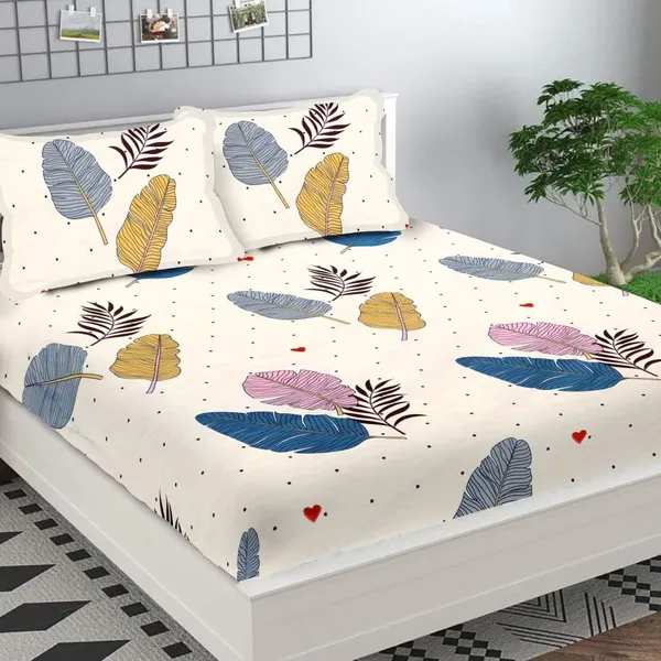 220TC_Beige_Leaf_King_Size_Double_Bed_Elastic_Fitted_100%_Cotton_Bedsheet_with_2_Pillow_Cover_(72"x78"_Upto_6"_Mattress)