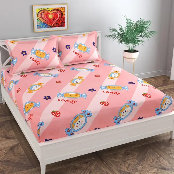 220TC_Peach_Candy_King_Size_Double_Bed_Elastic_Fitted_100%_Cotton_Bedsheet_with_2_Pillow_Cover_(72"x78"_Upto_6"_Mattress)