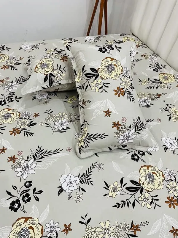 220TC_Grey_Floral_King_Size_Double_Bed_Elastic_Fitted_100%_Cotton_Bedsheet_with_2_Pillow_Cover_(72"x78"_Upto_6"_Mattress)