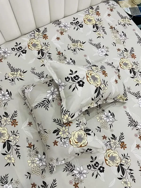 220TC_Grey_Floral_King_Size_Double_Bed_Elastic_Fitted_100%_Cotton_Bedsheet_with_2_Pillow_Cover_(72"x78"_Upto_6"_Mattress)