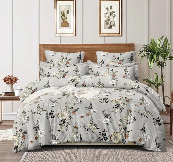 220TC_Grey_Floral_King_Size_Double_Bed_Elastic_Fitted_100%_Cotton_Bedsheet_with_2_Pillow_Cover_(72"x78"_Upto_6"_Mattress)