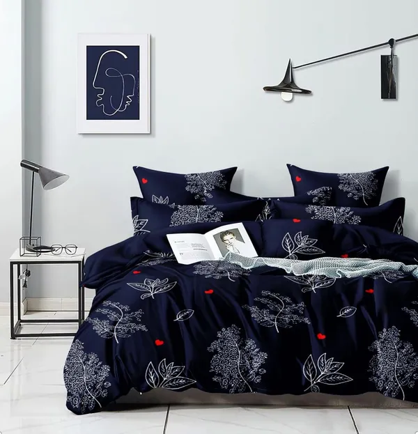 220TC_Navy_Floral_King_Size_Double_Bed_Elastic_Fitted_100%_Cotton_Bedsheet_with_2_Pillow_Cover_(72"x78"_Upto_6"_Mattress)